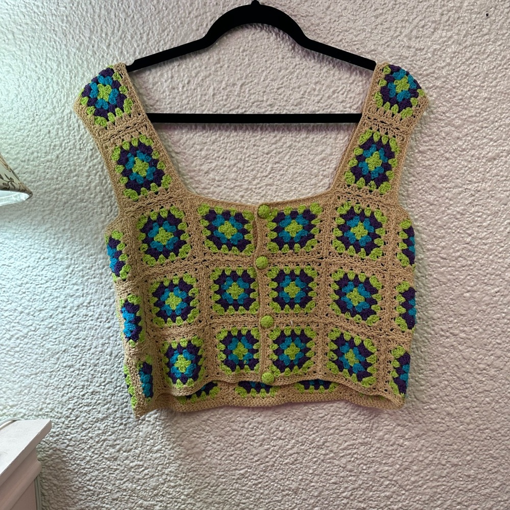 Zara Green and Blue Granny Square Crochet Cropped Tank Top